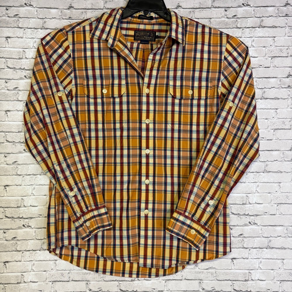 Pendleton Thomas Kay Yellow and Blue Plaid Casual Button Down Shirt Size L